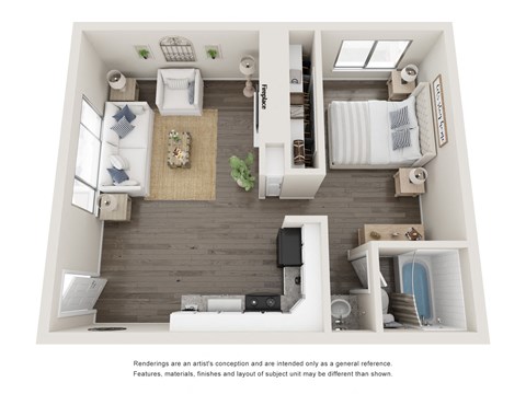 Floor plan for 1 bed, 1 bath, 520 sqft